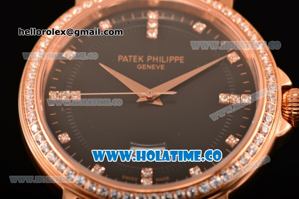 Patek Philippe Calatrava Miyota Quartz Rose Gold Case with Diamonds Bezel and Black Dial - Diamonds Markers - Click Image to Close